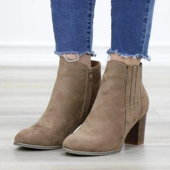 Faux Suede Bock Heel Ankle Bootie - Picture 13 of 13
